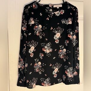 Loft Black Bouquet Floral Long Sleeve Cutout‎ Back Blouse